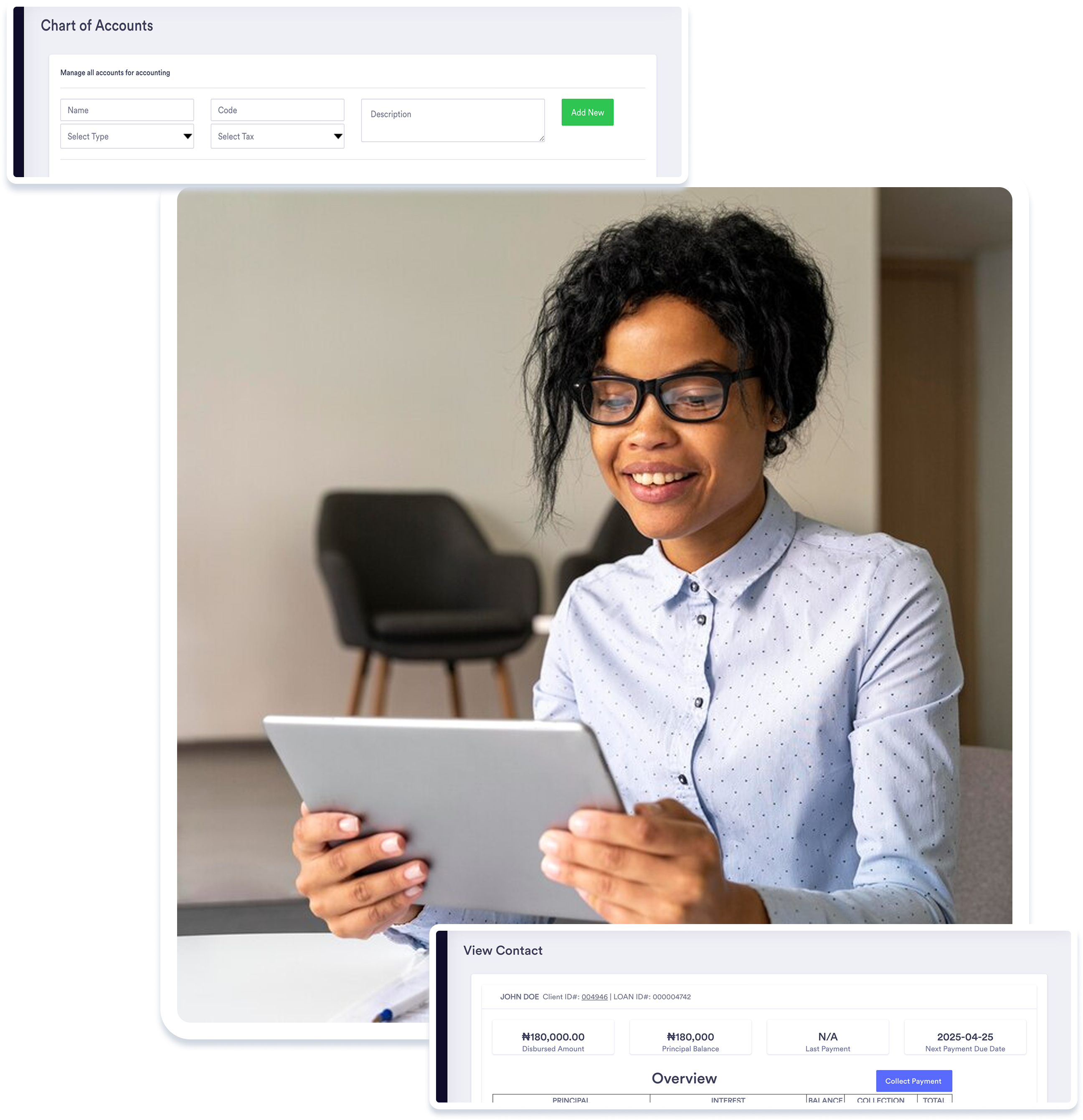 FinRegular Dashboard - Woman using tablet with financial interface